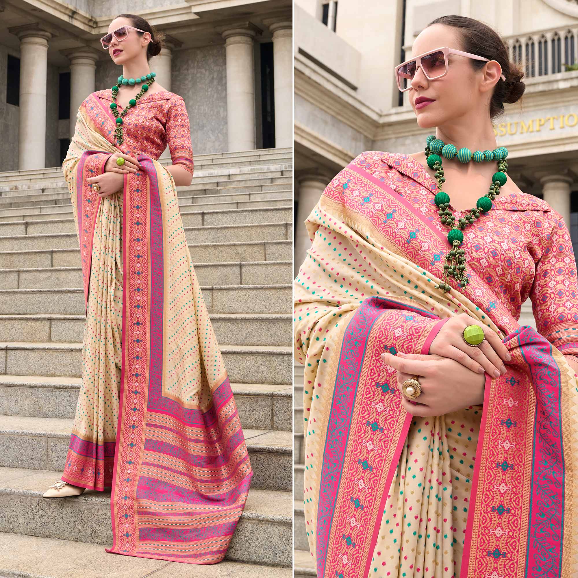 Peachmode Cream Zari Woven Banarasi Silk Saree