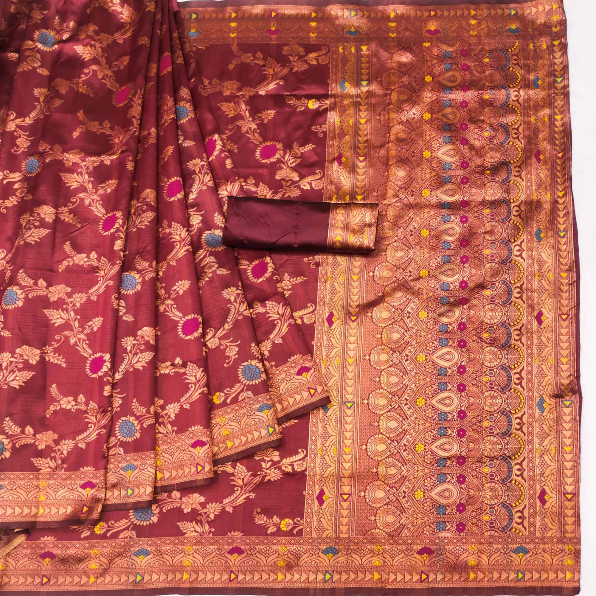 Peachmode Maroon Floral Woven Art Silk Saree – Women's - view 4