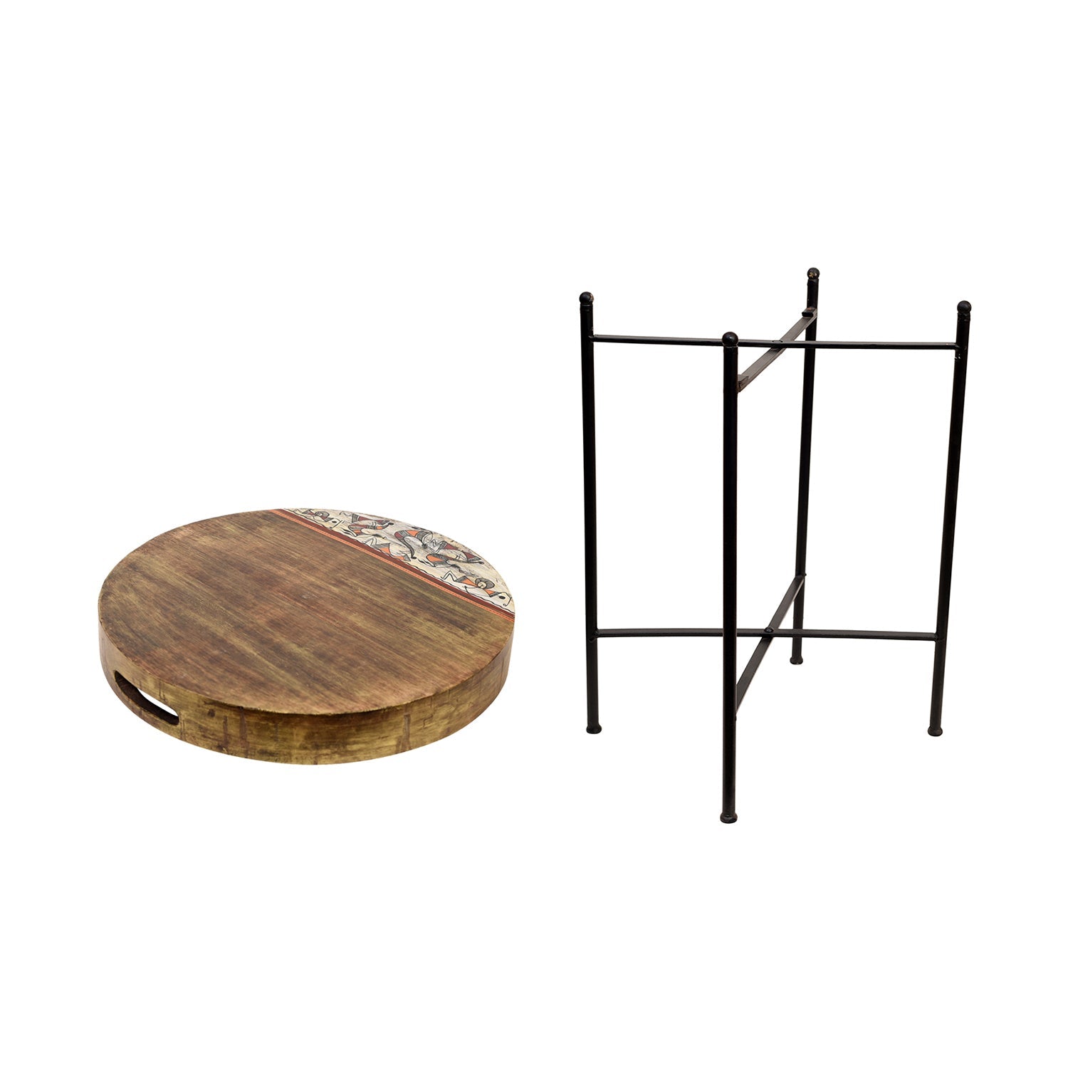 ART CREATIONS BY SUMAN SONTHALIA Brown - Round Tray with Cross Folding Stand Handpainted with Tribal Art (14x14x19) - view 4