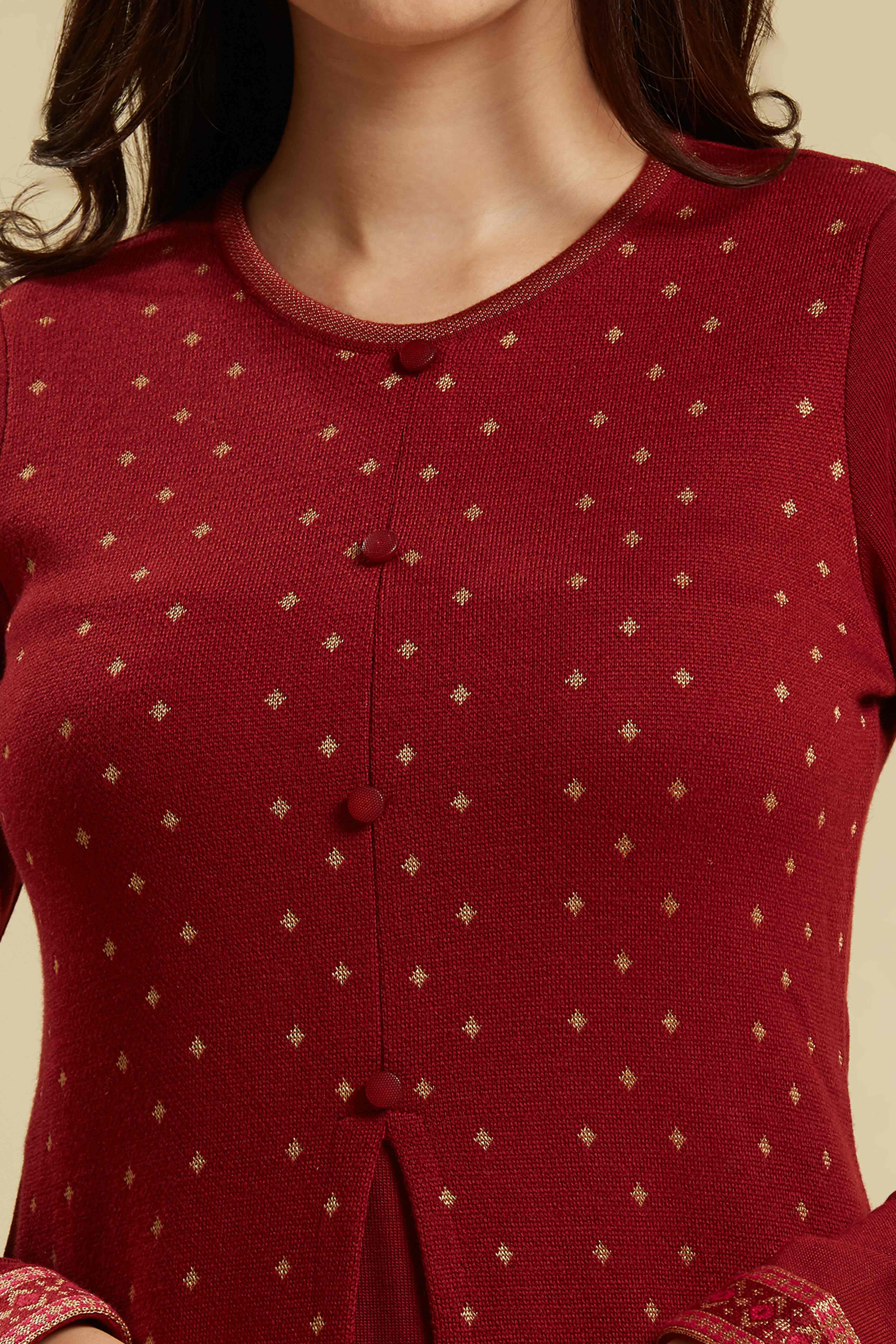Peachmode Maroon Floral Woolen Top Bottom Set - view 2