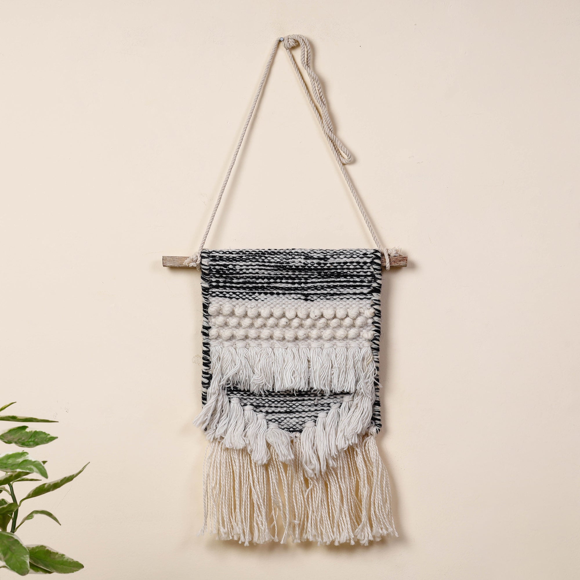 ITOKRI CRAFTS INITIATIVE Bhadohi Handwoven Wool Geometric Fringed Wall Hanging