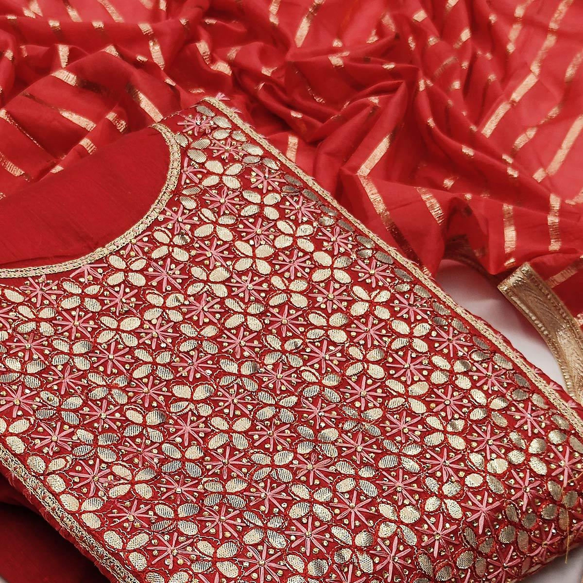Peachmode Classy Red Colored Festive Wear Embroidered Heavy Modal Silk Dress Material - view 2