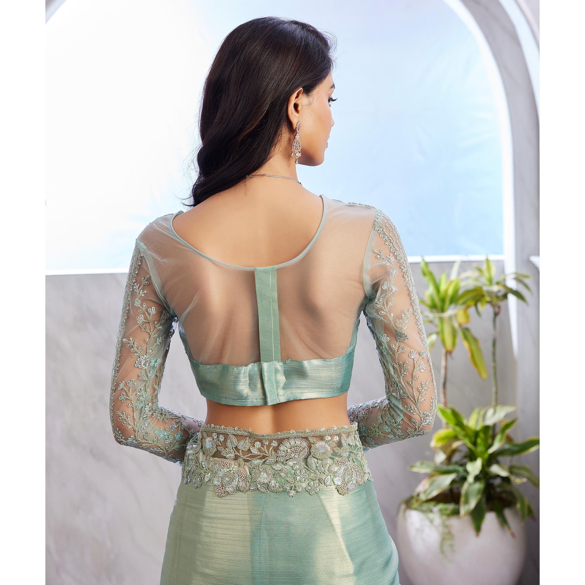 Peachmode Dusty Green Floral Sequins Embroidered Chiffon Saree - view 6