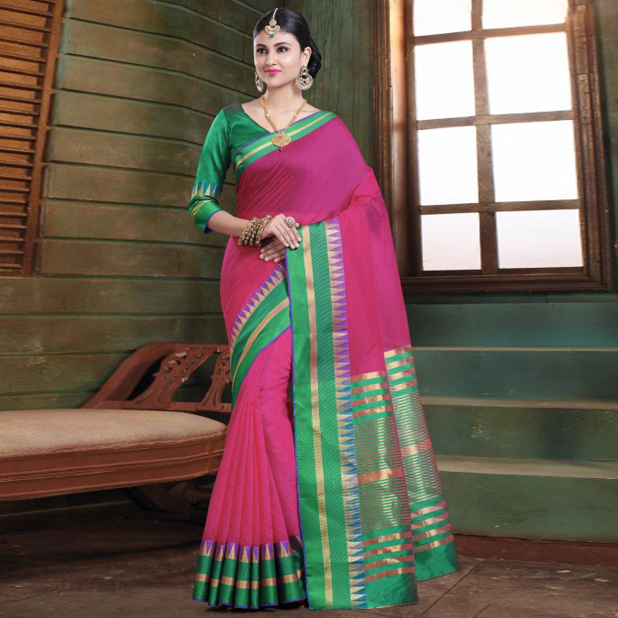 Peachmode Imposing Dark Pink Colored Festive Wear Woven Cotton Handloom Saree