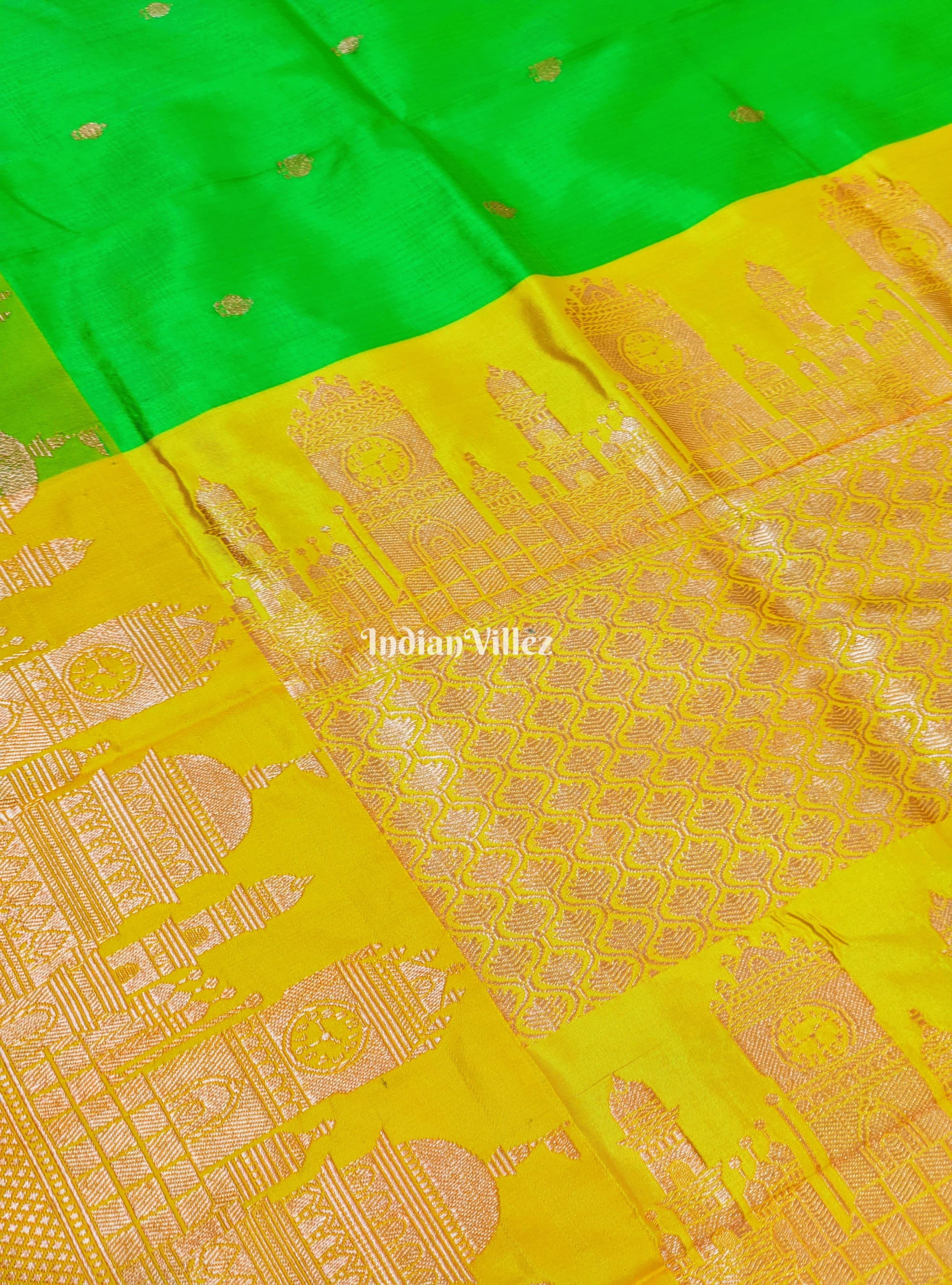 IndianVillèz Green Banarasi Katan Silk Saree Inspired by Big Ben, London & United States Capitol, Washington DC - view 4