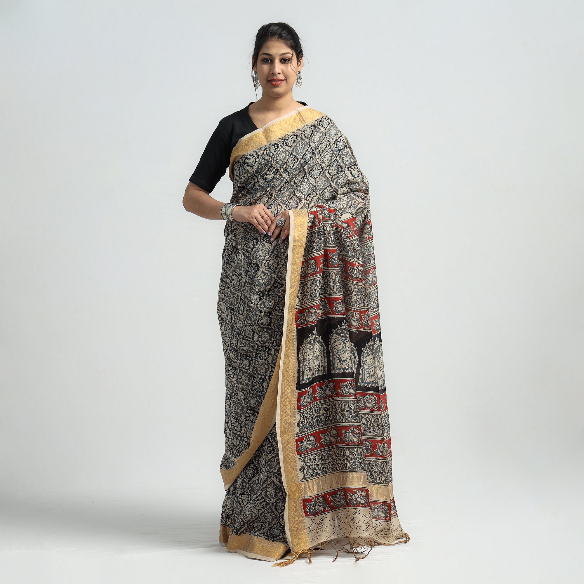 VENKATA BHANU KALAMKARI PEDANA Black - Original Pedana Kalamkari Block Print Silk Saree