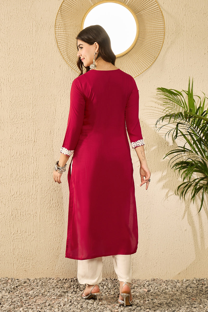 Ahika Red Viscose Rayon Solid Embroidered Straight Kurta VCK9782 - view 4