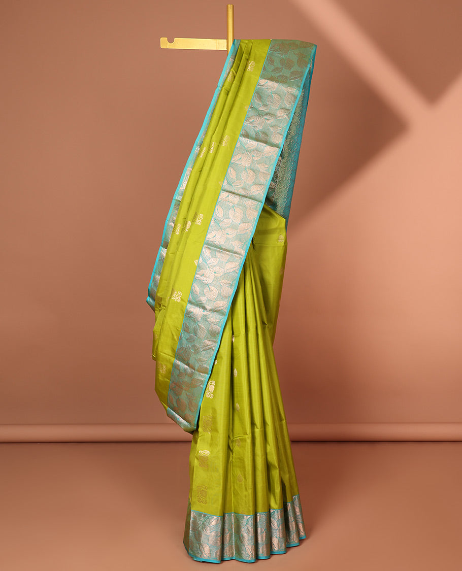 Pothys Green floral buttas silk saree with contrast leaf design border & intricate jaal zari design pallu