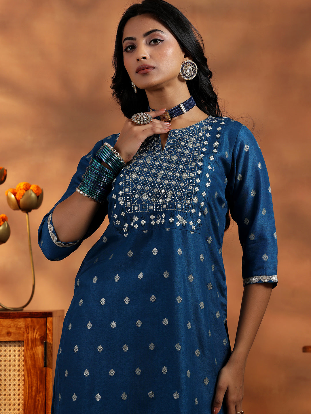 Libas Blue Woven Design Silk Blend Straight Suit With Dupatta - view 5
