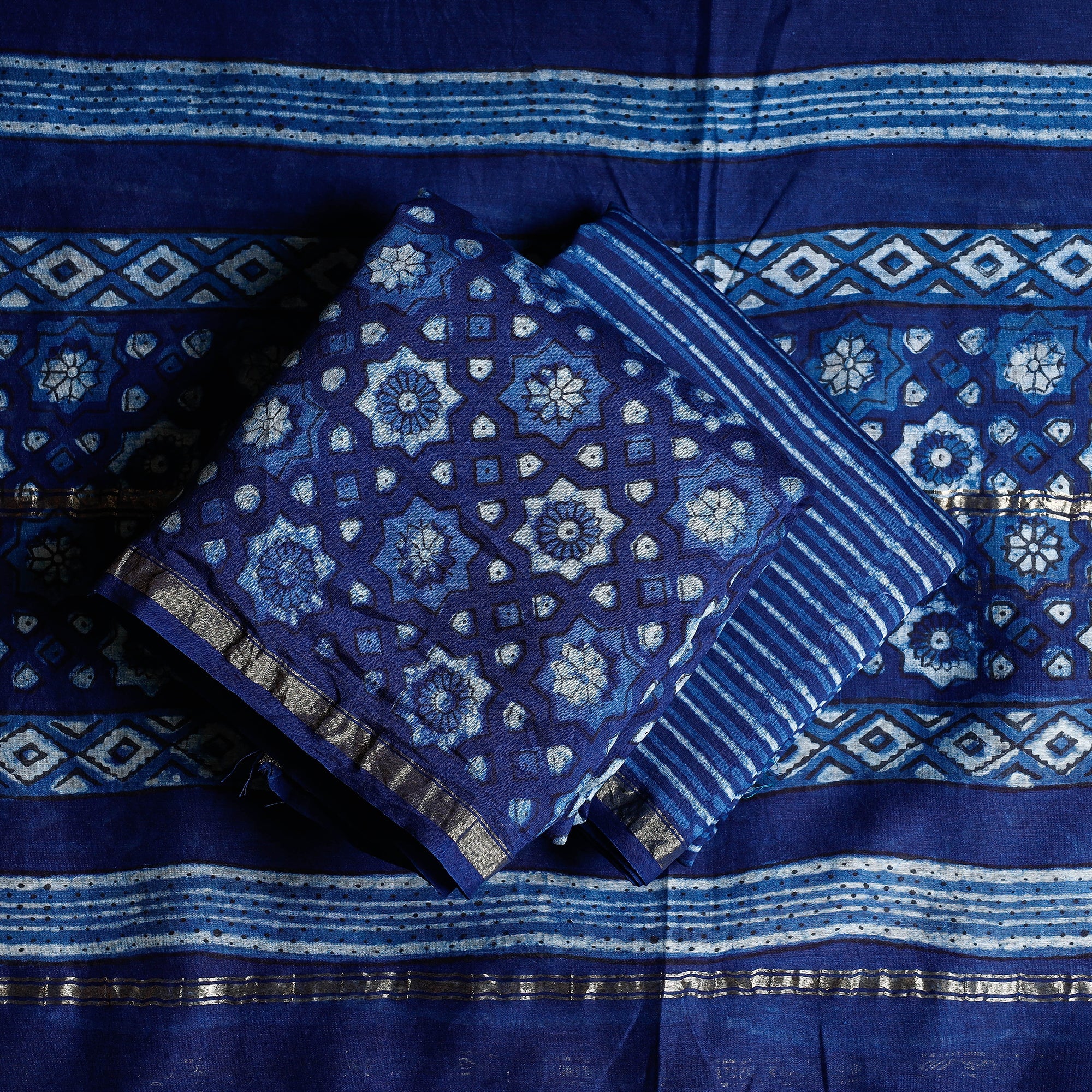 HAVELI CHRONICLES Blue - 3pc Akola Block Printed Chanderi Silk Suit Material Set - view 2