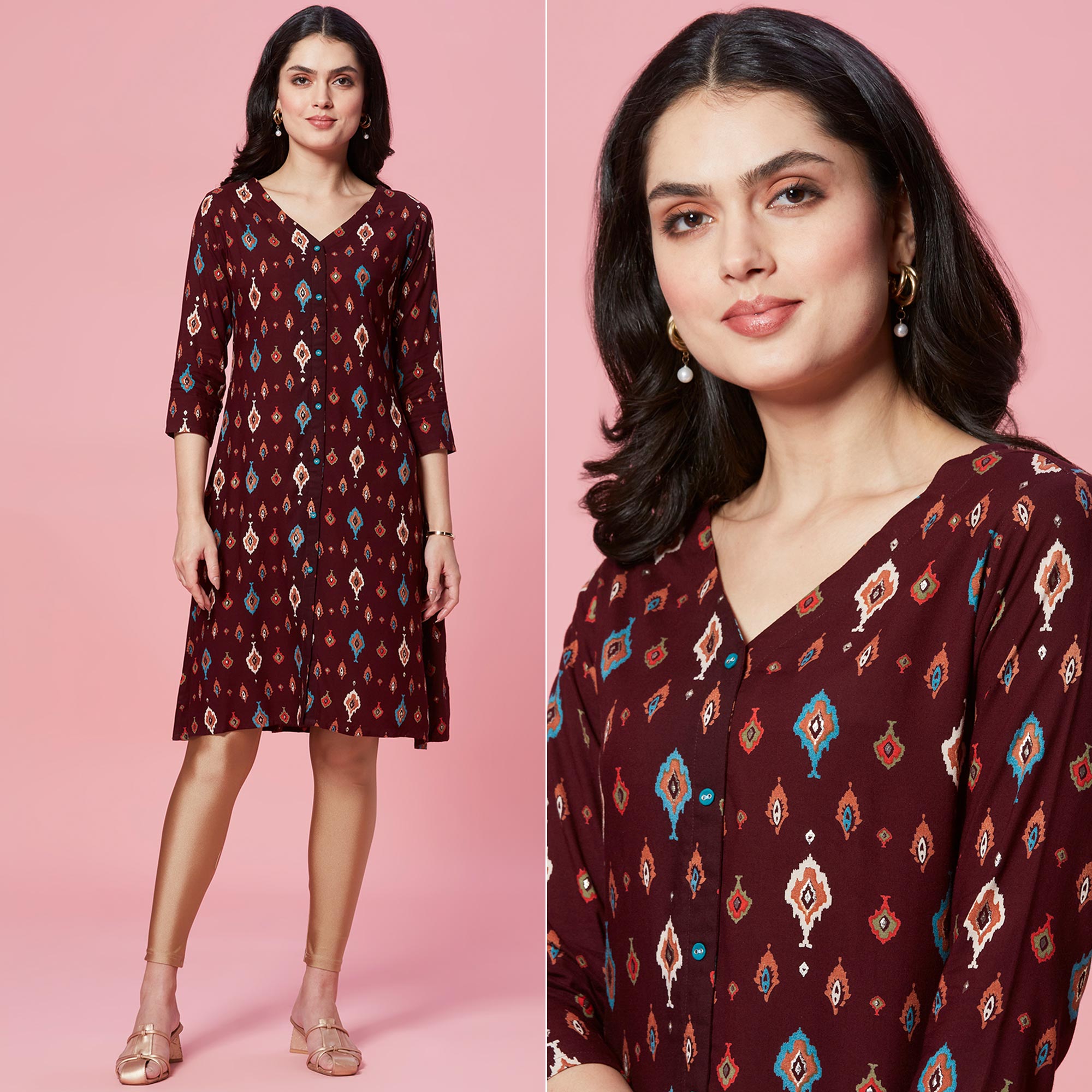 Peachmode Maroon Ikkat Printed Rayon Straight Kurti