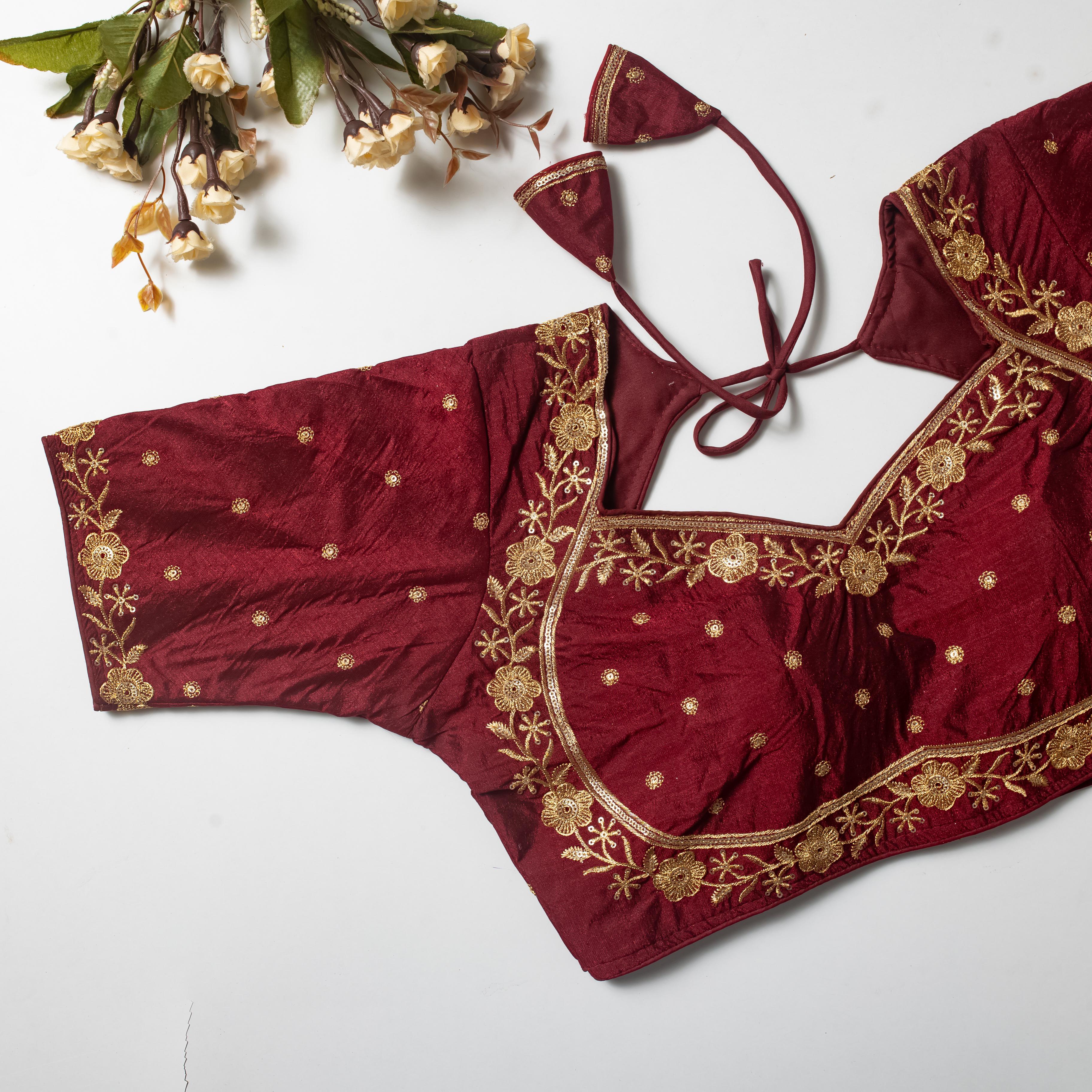 ClothsVilla Maroon Olive Silk Blouse with Golden Embroidery and Sequins