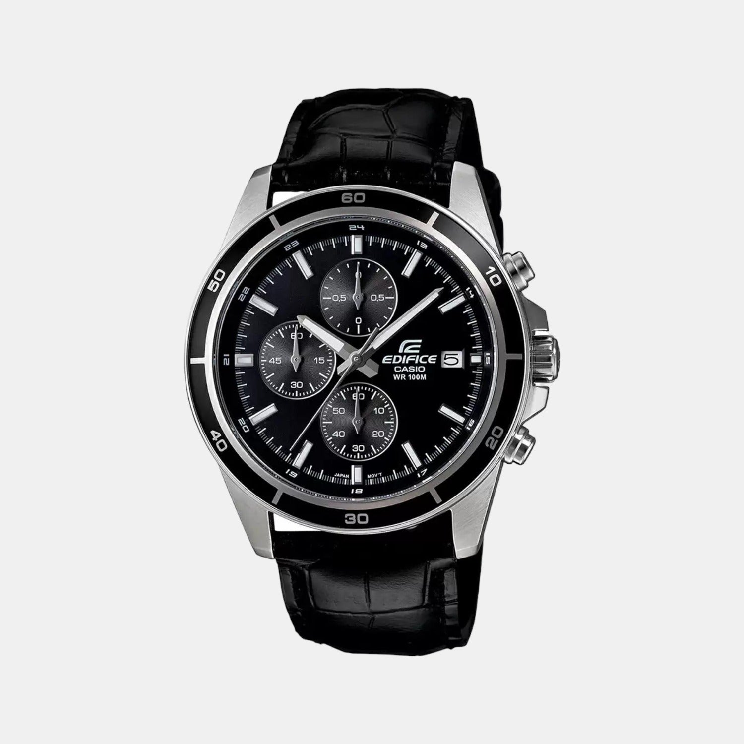 Casio Edifice Men Quartz Black Dial Chronograph Leather Watch EX096