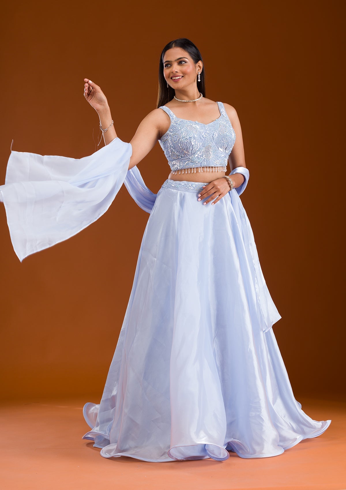 Koskii Sky Blue Cutdana Satin Readymade Lehenga