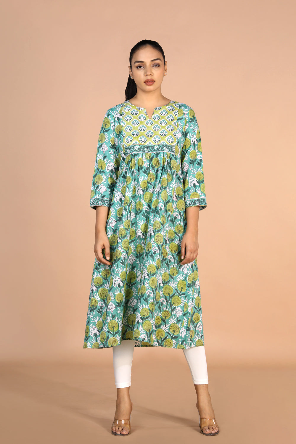 Kalanjali Ethnics Floral Aqua blue Sanganeri handblock printed cotton Kurti