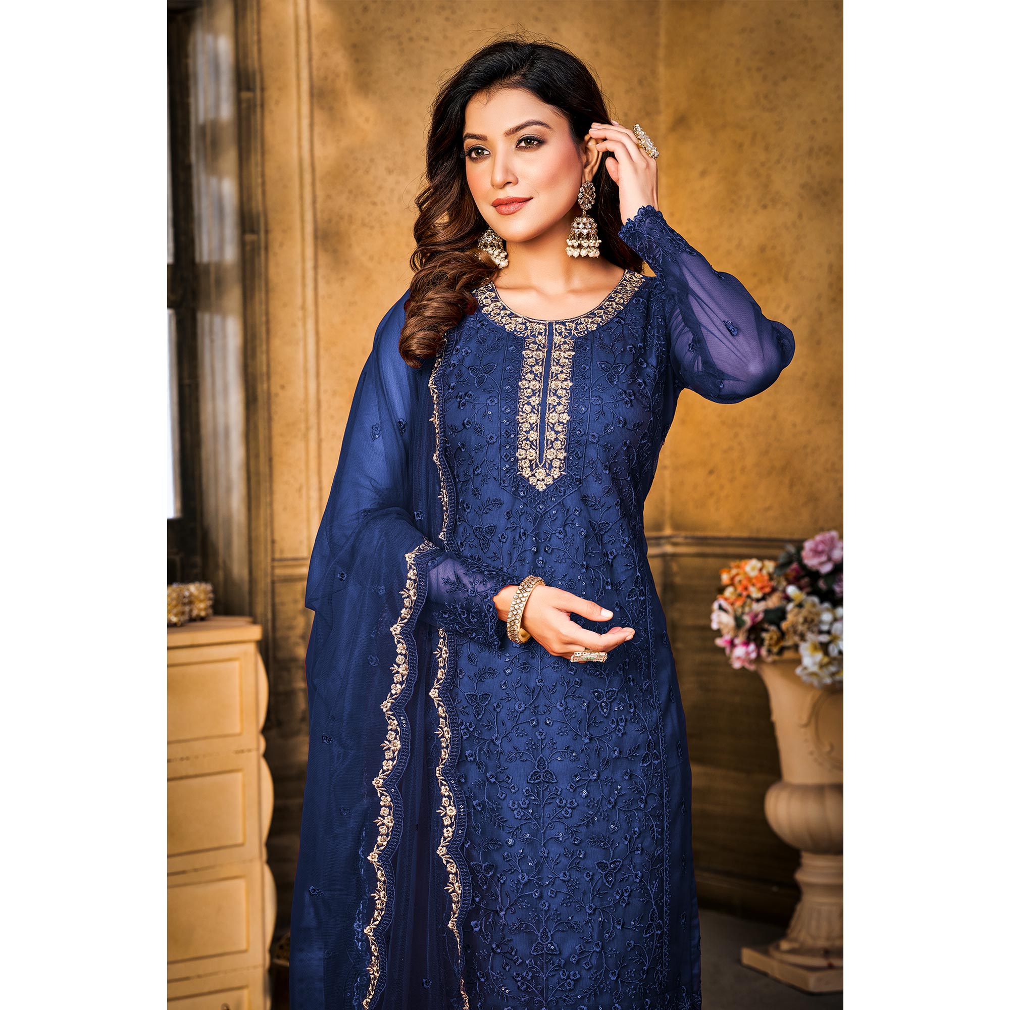 Peachmode Blue Sequins Floral Embroidered Net Semi Stitched Suit - view 5