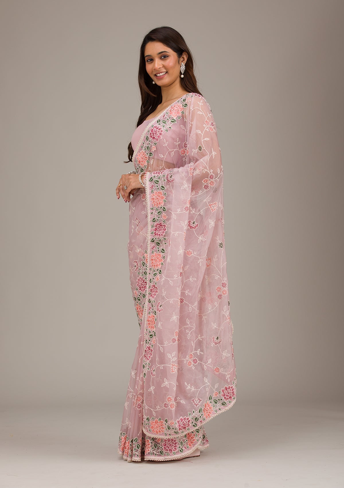 Koskii Onion Pink Threadwork Organza Saree – Women's - view 3
