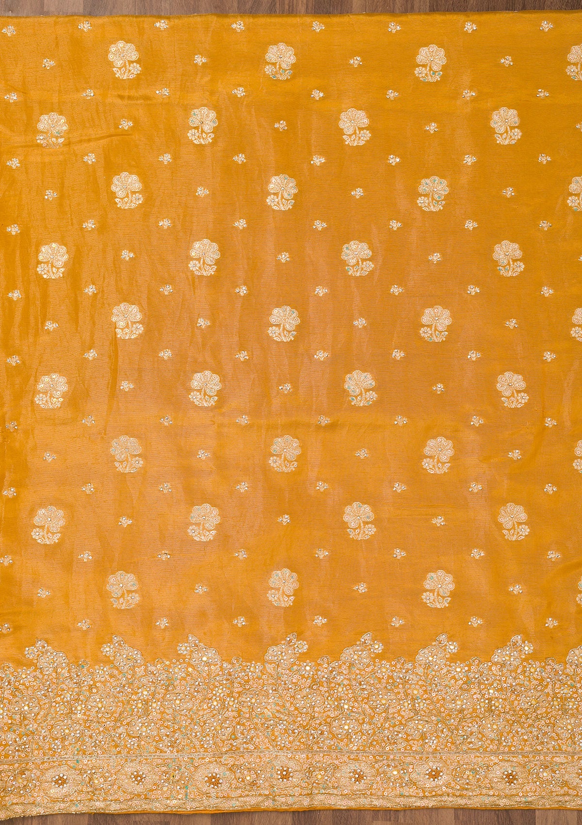 Koskii Mustard Zariwork Semi Crepe Unstitched Salwar Suit - view 4