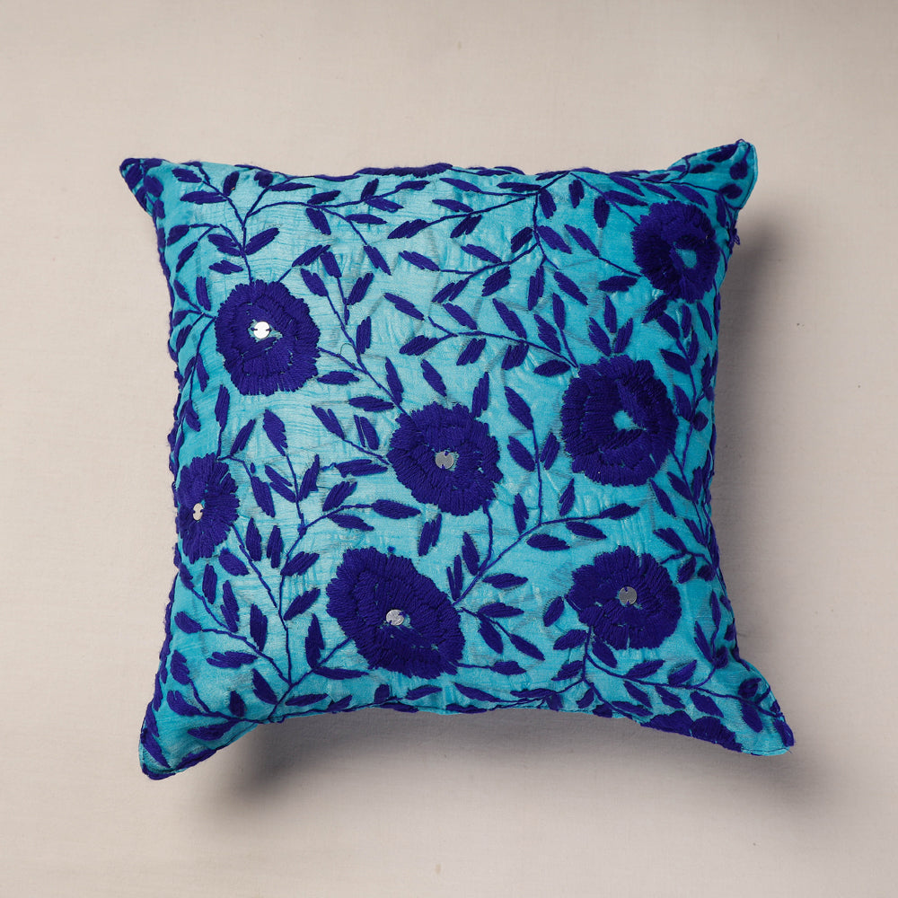 ITOKRI CRAFTS INITIATIVE Blue - Chanderi Silk Phulkari Hand Embroidered Cushion Cover