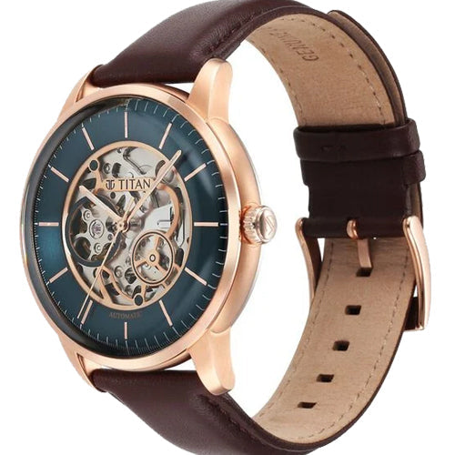 Titan Skeletal Automatic Green Dial Brown Leather Strap Watch for Men 44mm NT90110WL04 - view 2