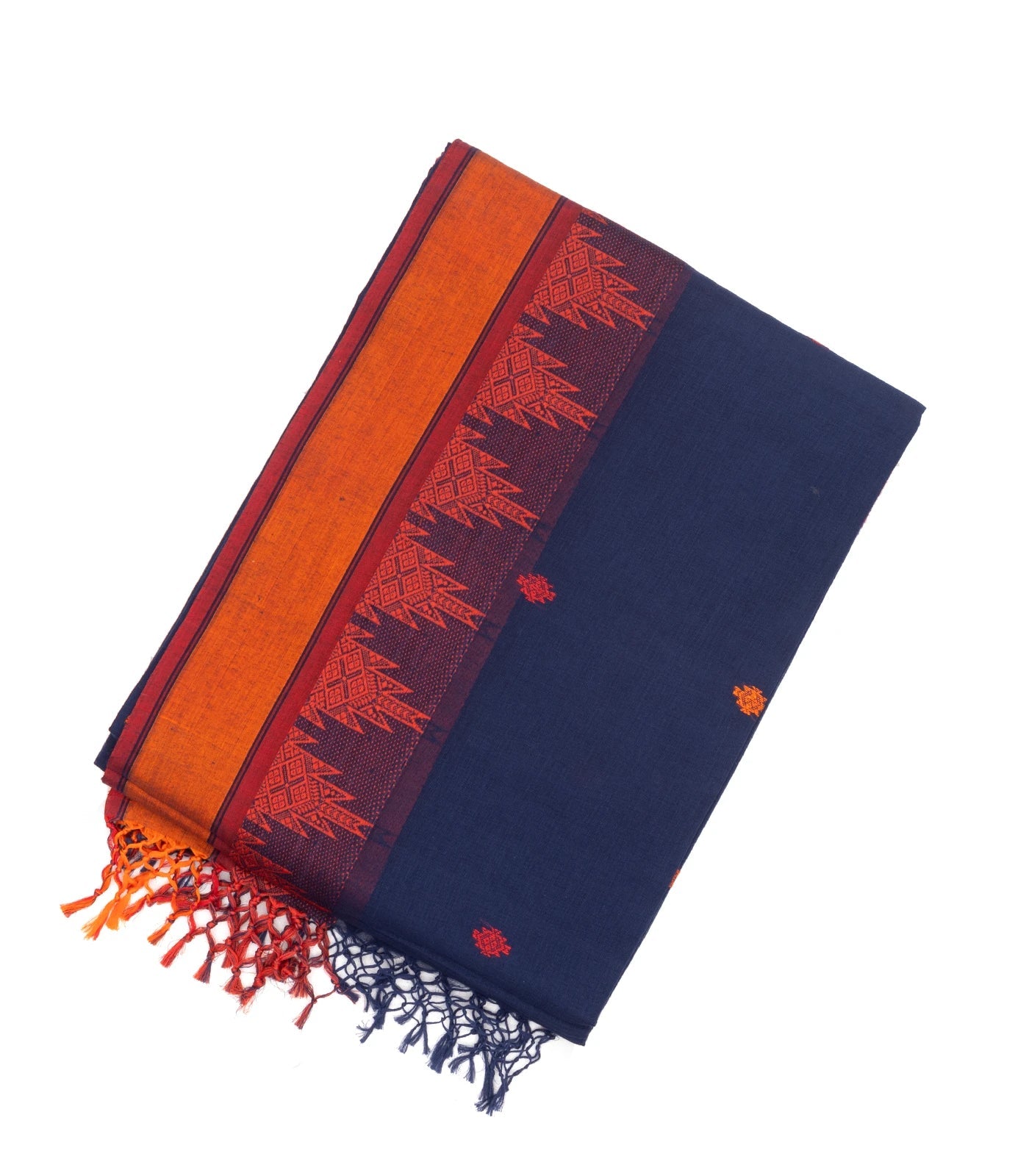 RmKV Navy Blue Handloom Bengal Cotton Saree With Temple Border