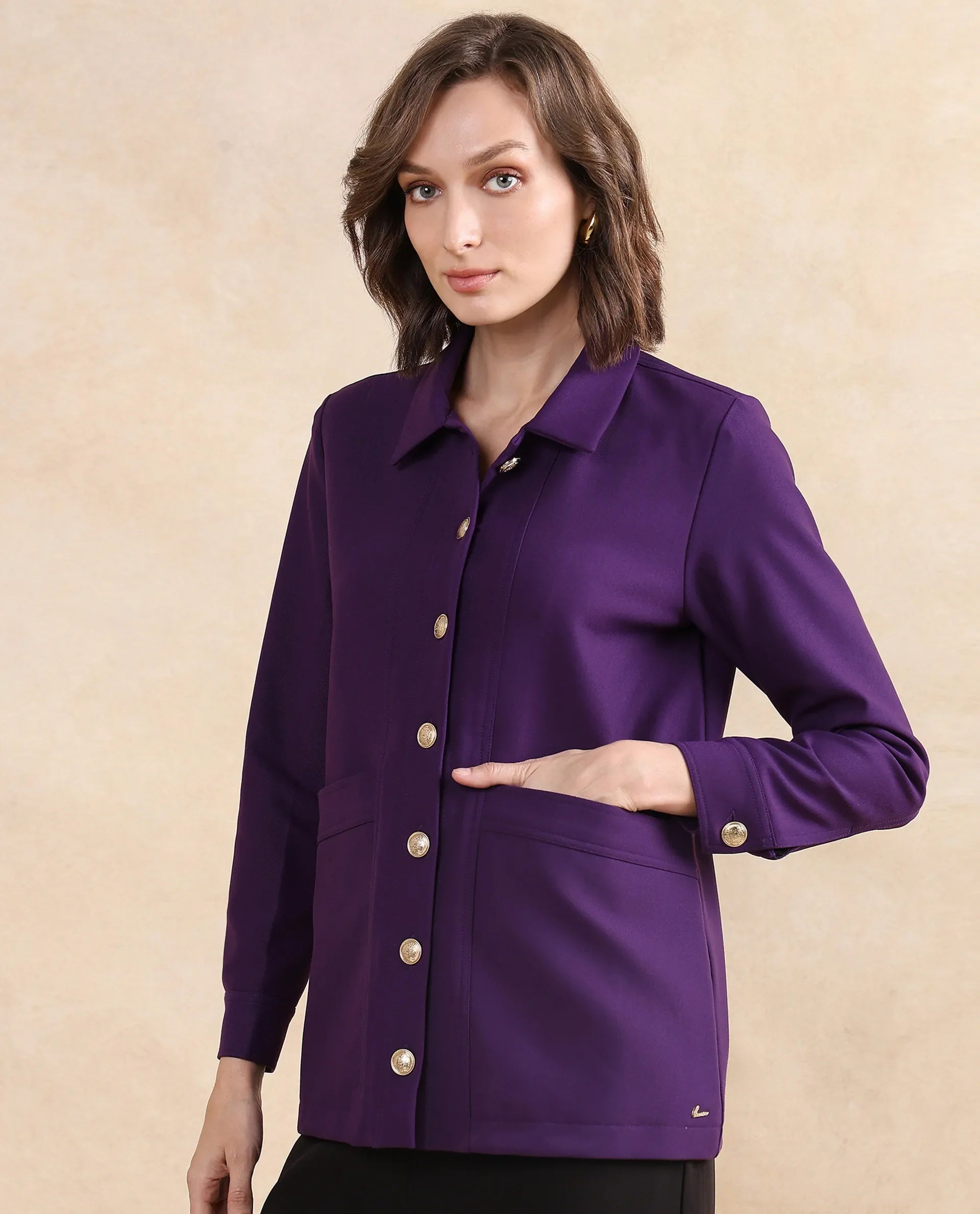 Rareism Women Yeppon Purple Cuffed Sleeve Collared Neck Button Closure Boxy Fit Hip Length Plain Jacket - view 4