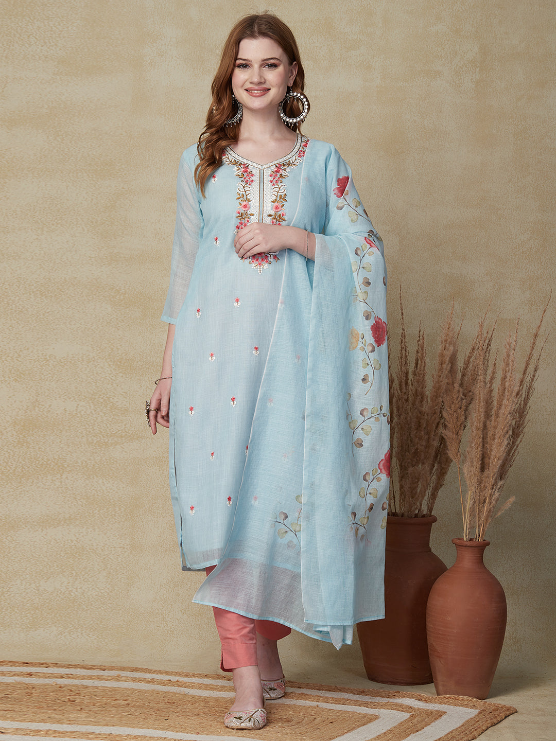 Fashor Solid Resham Embroidered Kurta with Floral Printed Dupatta - Sky Blue