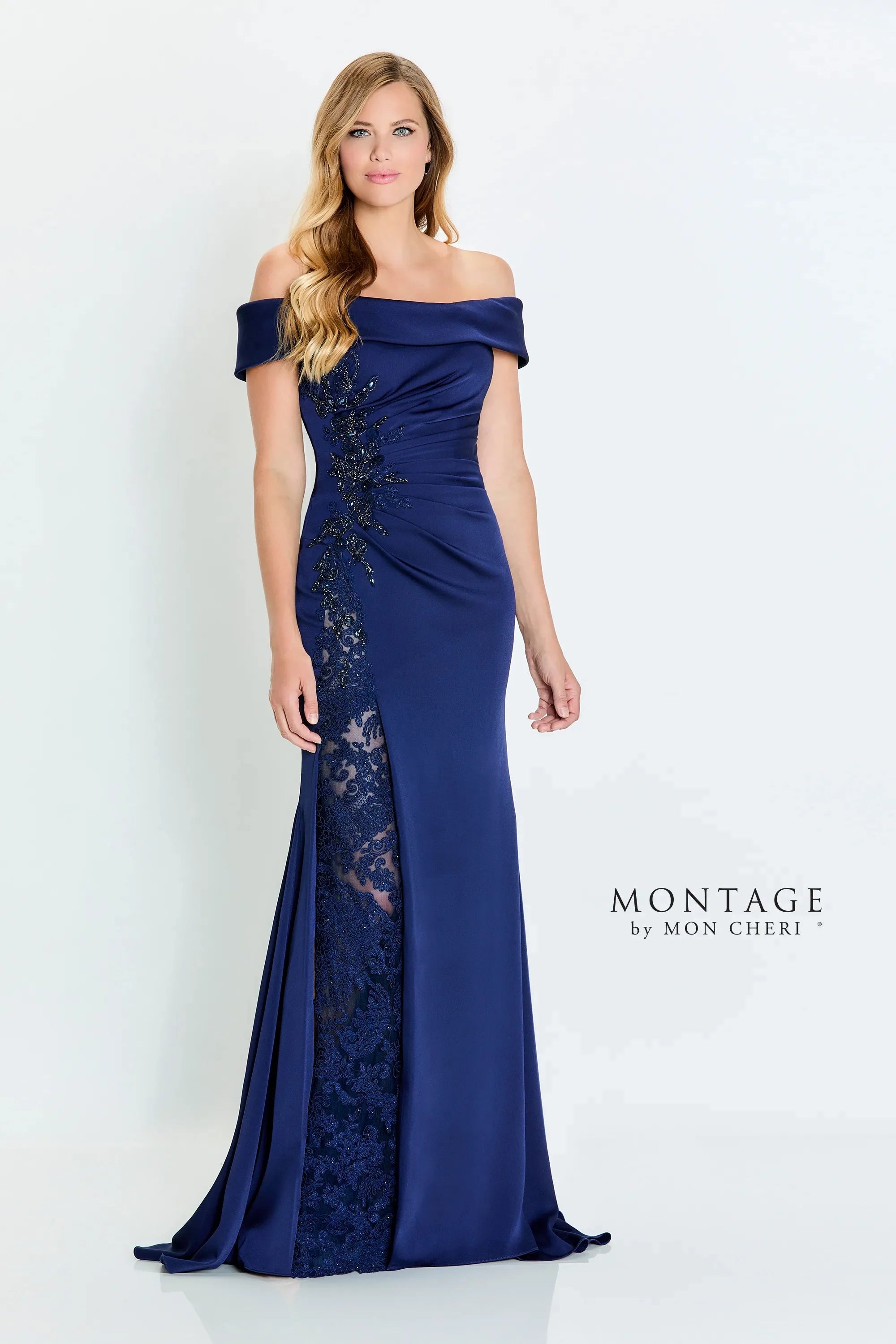 Montage M535 Long Formal Beaded Lace Applique Evening Dress