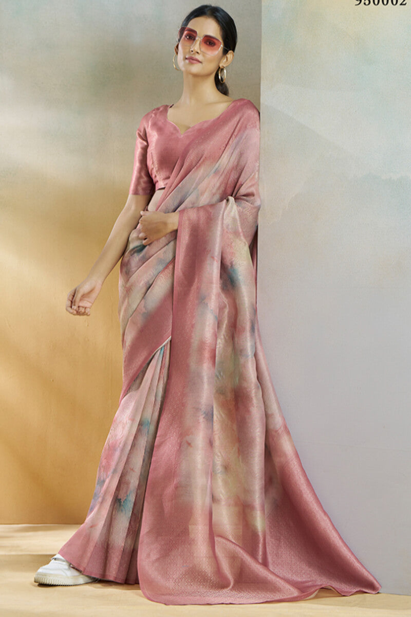 Rajpath Enticing Pink Digital Printed Soft Silk Saree With Glittering Blouse Piece