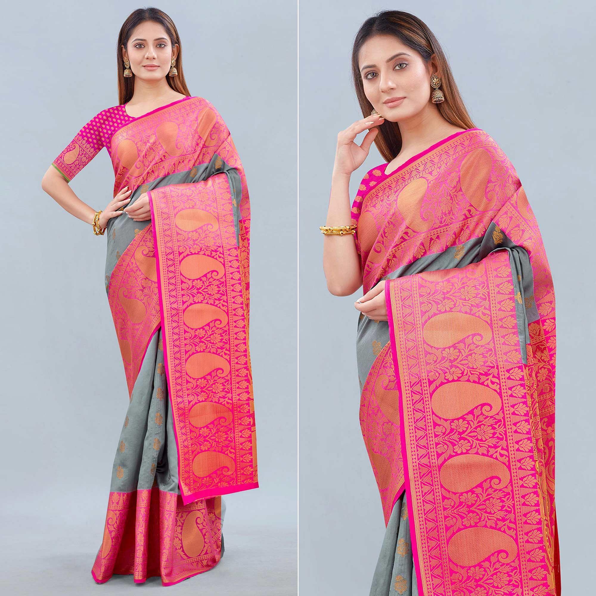 Peachmode Grey Woven Banarasi Silk Saree – Women's