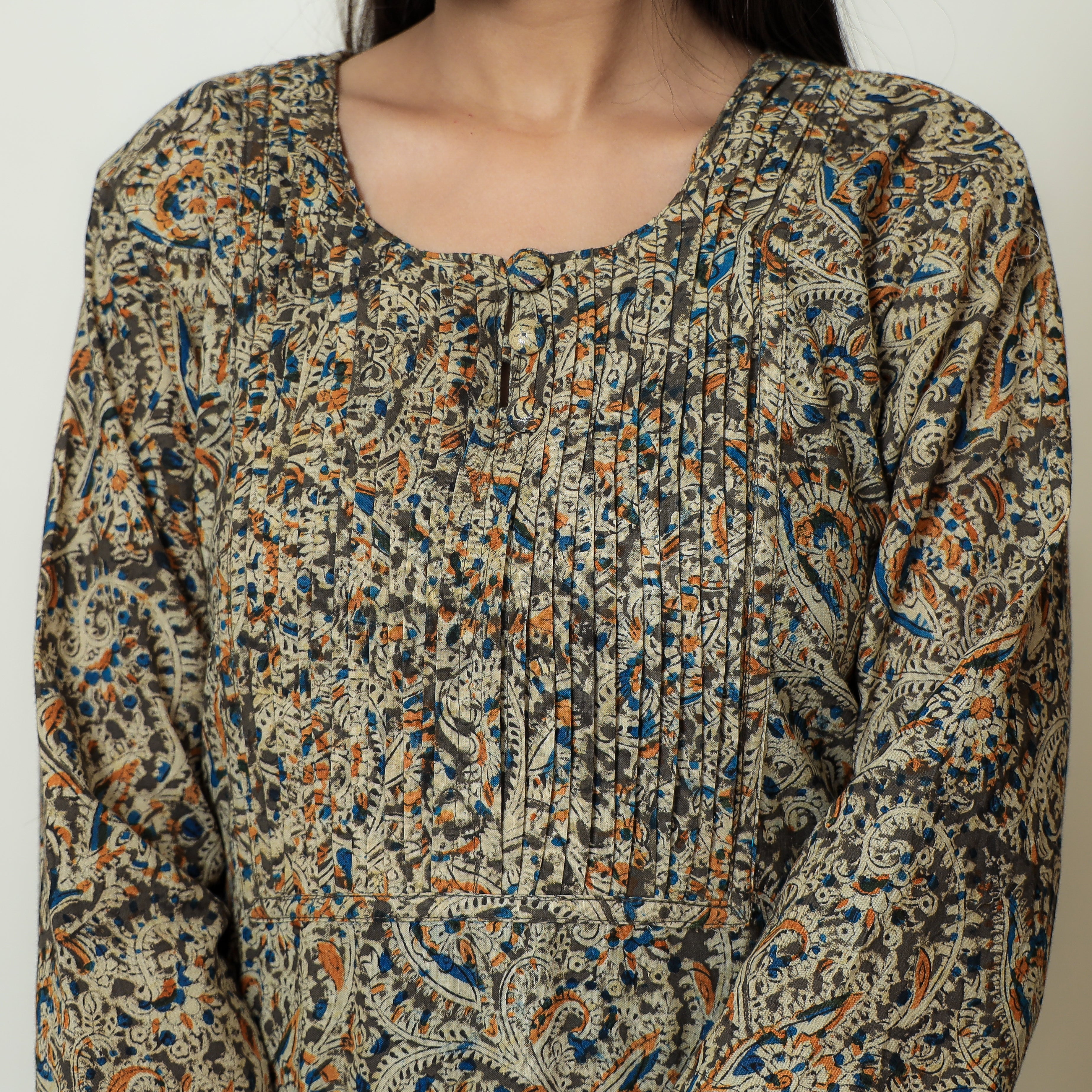 ITOKRI CASUALS Brown - Kalamkari Hand Block Printed Cotton Pintuck Straight Kurta 07 - view 5