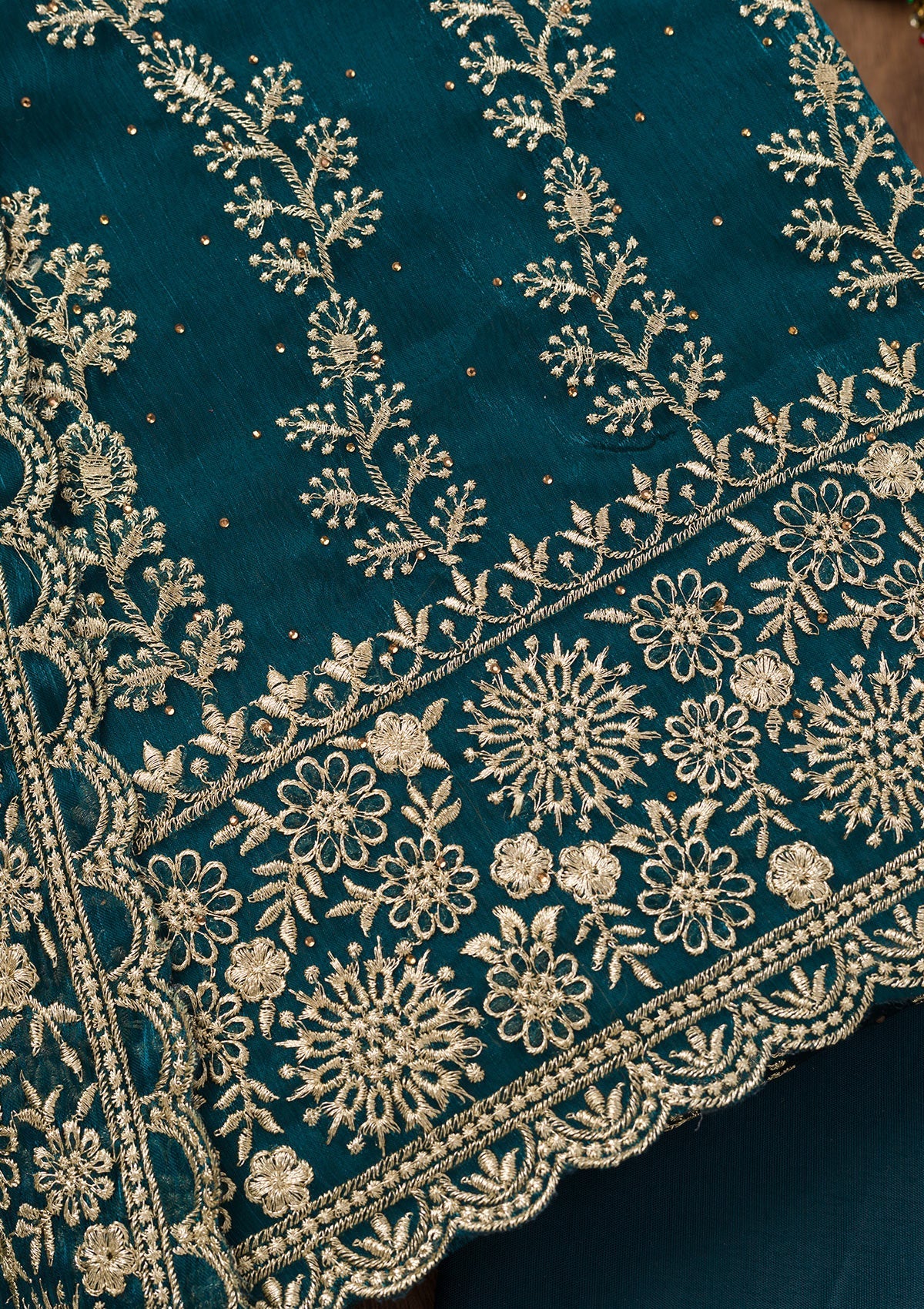 Koskii Peacock Blue Zariwork Semi Crepe Unstitched Salwar Suit - view 2