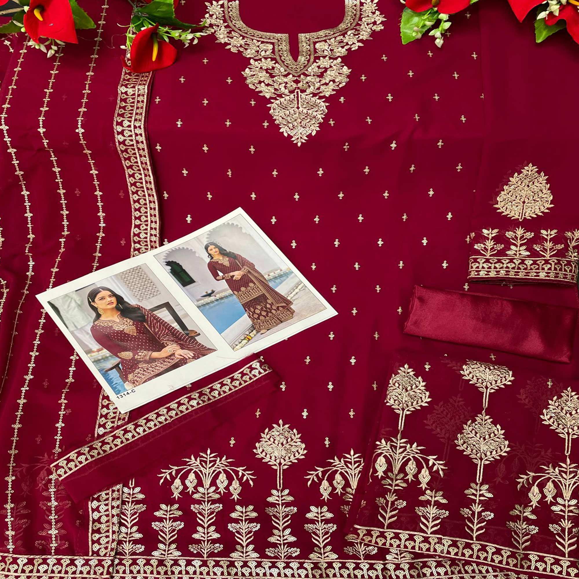 Peachmode Maroon Partywear Sequins & Embroidered Faux Georgette Salwar Suit - view 3