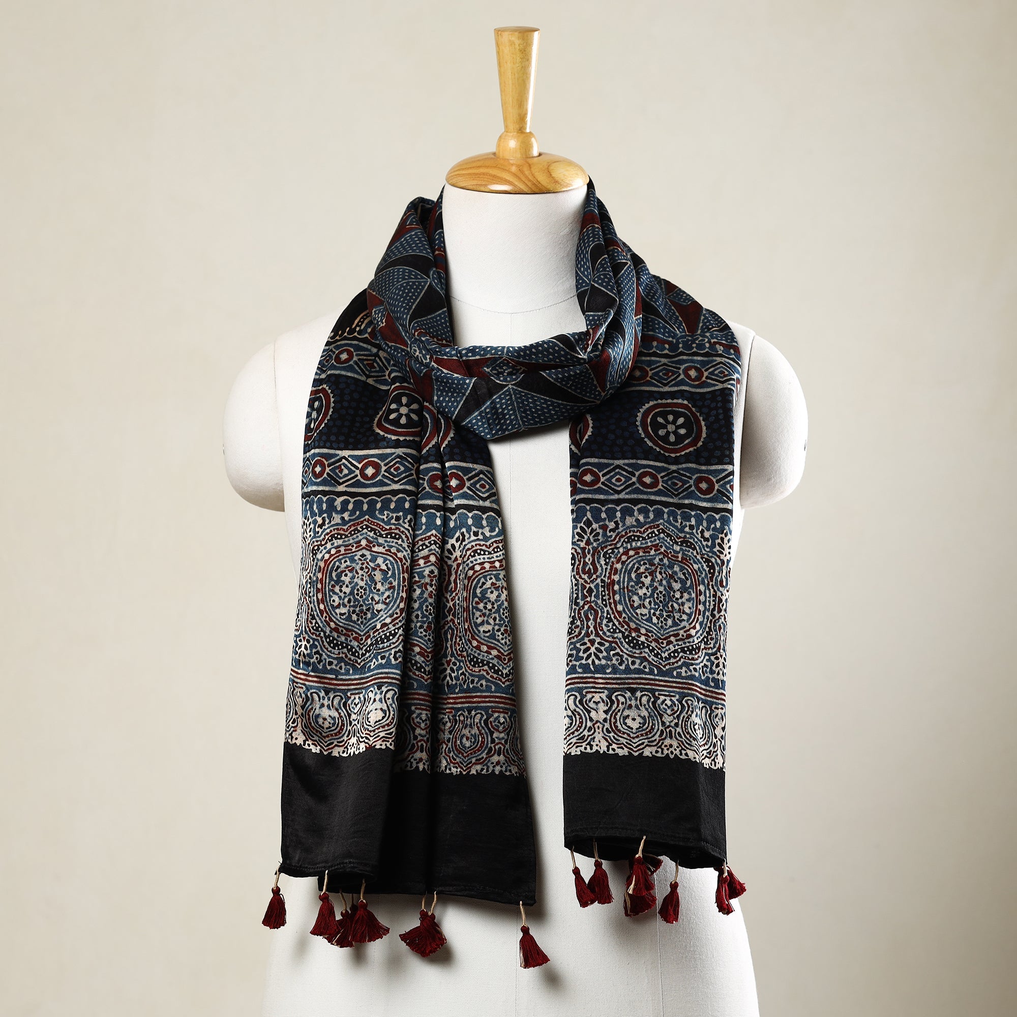 RIYAZ ABDULMAJID KHATRI - AJRAKH Black - Ajrakh Block Printed Mashru Silk Stole with Tassels