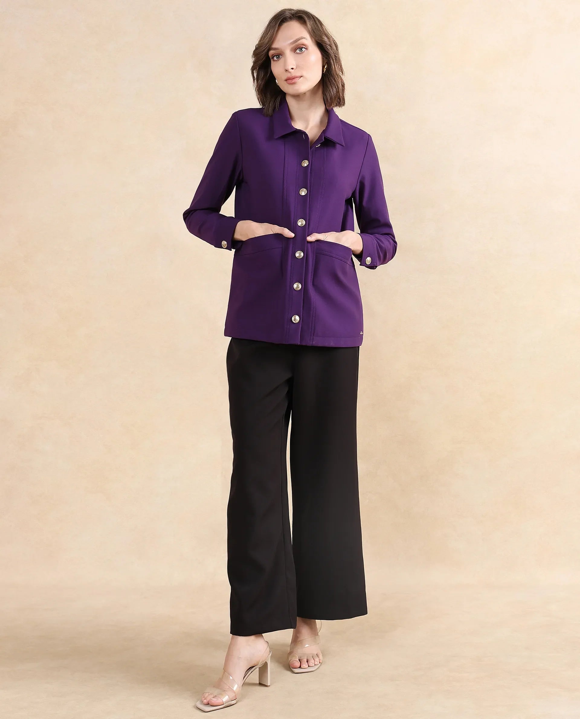 Rareism Women Yeppon Purple Cuffed Sleeve Collared Neck Button Closure Boxy Fit Hip Length Plain Jacket - view 8
