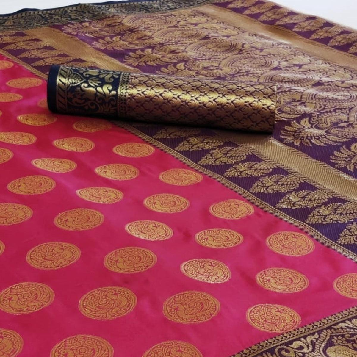 Peachmode Energetic Pink Colored Festive Wear Woven Heavy Silk Saree - view 2