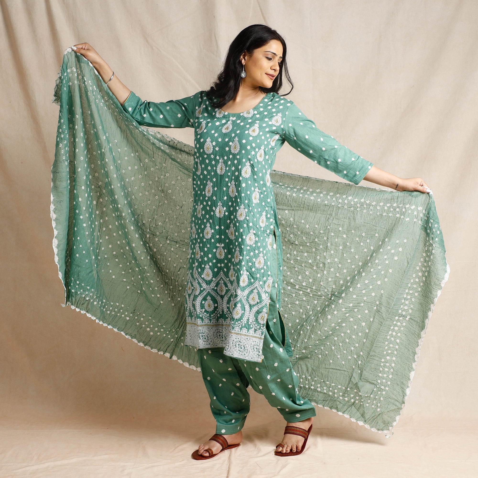ITOKRI CASUALS Green - - Bandhani Cotton Kurta with Salwar & Dupatta Set - view 2
