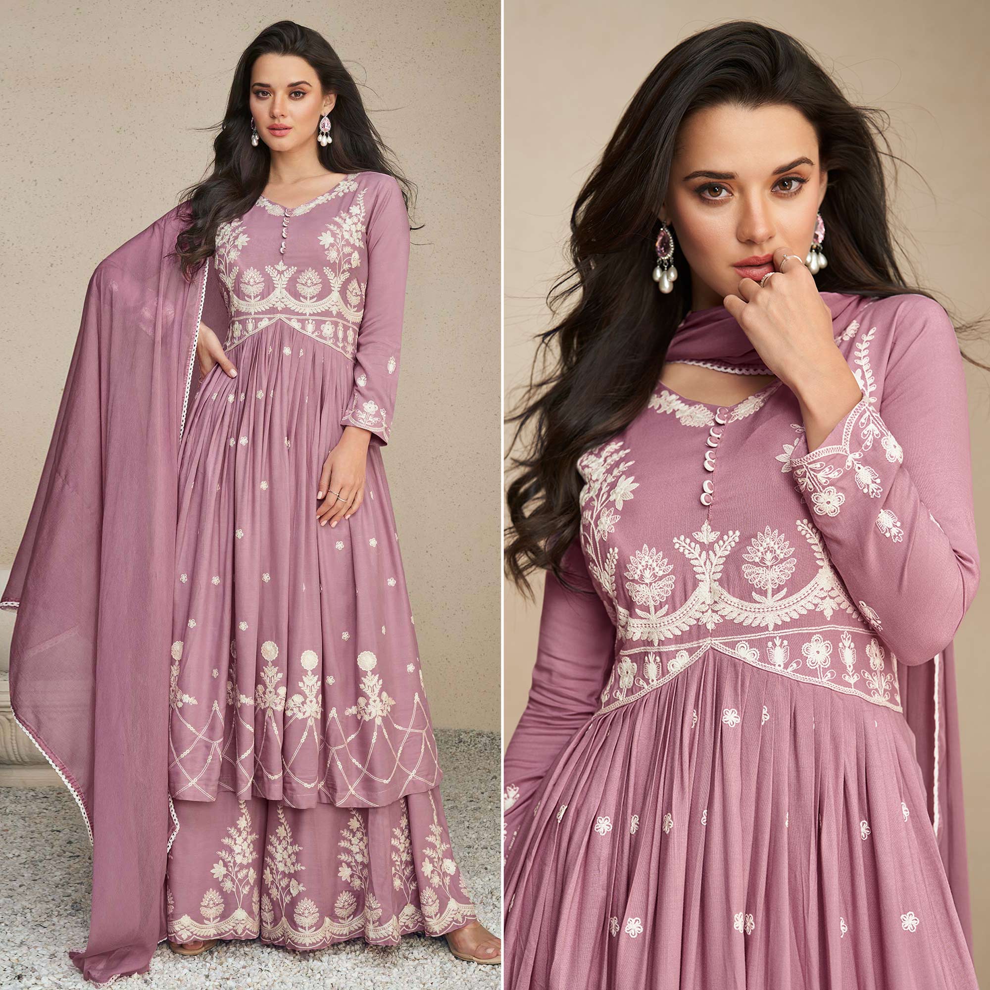 Peachmode Mauve Lucknowi Embroidered Rayon Palazzo Suit