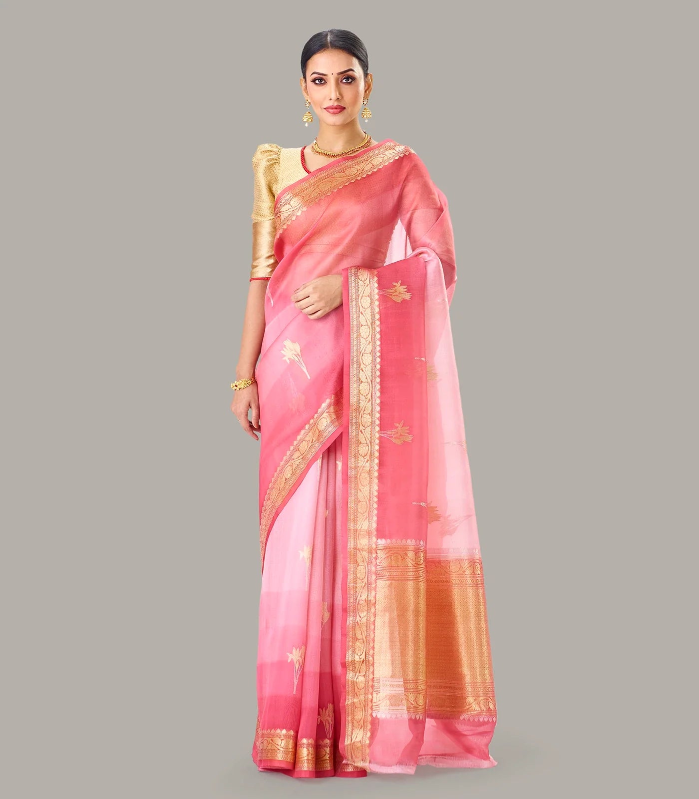RmKV Dark Peach Banarasi Organza Silk Saree With Floral Motifs