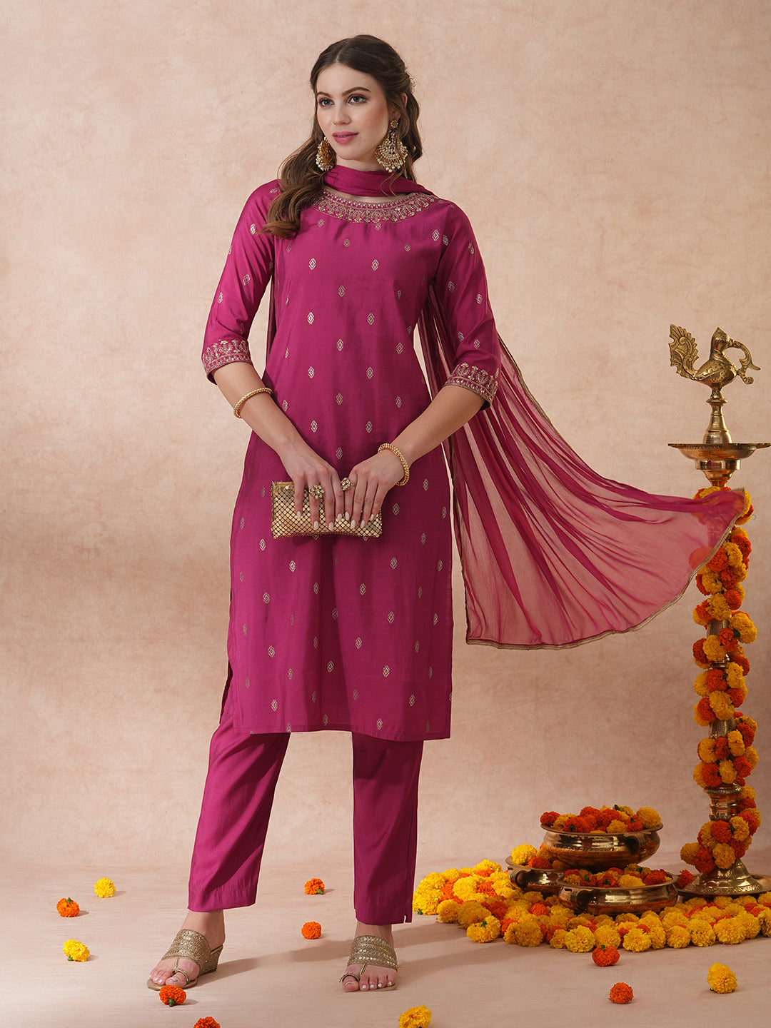 FASHOR Solid Ethnic Embroidered Straight Fit Kurta with Pant & Dupatta - Mauve