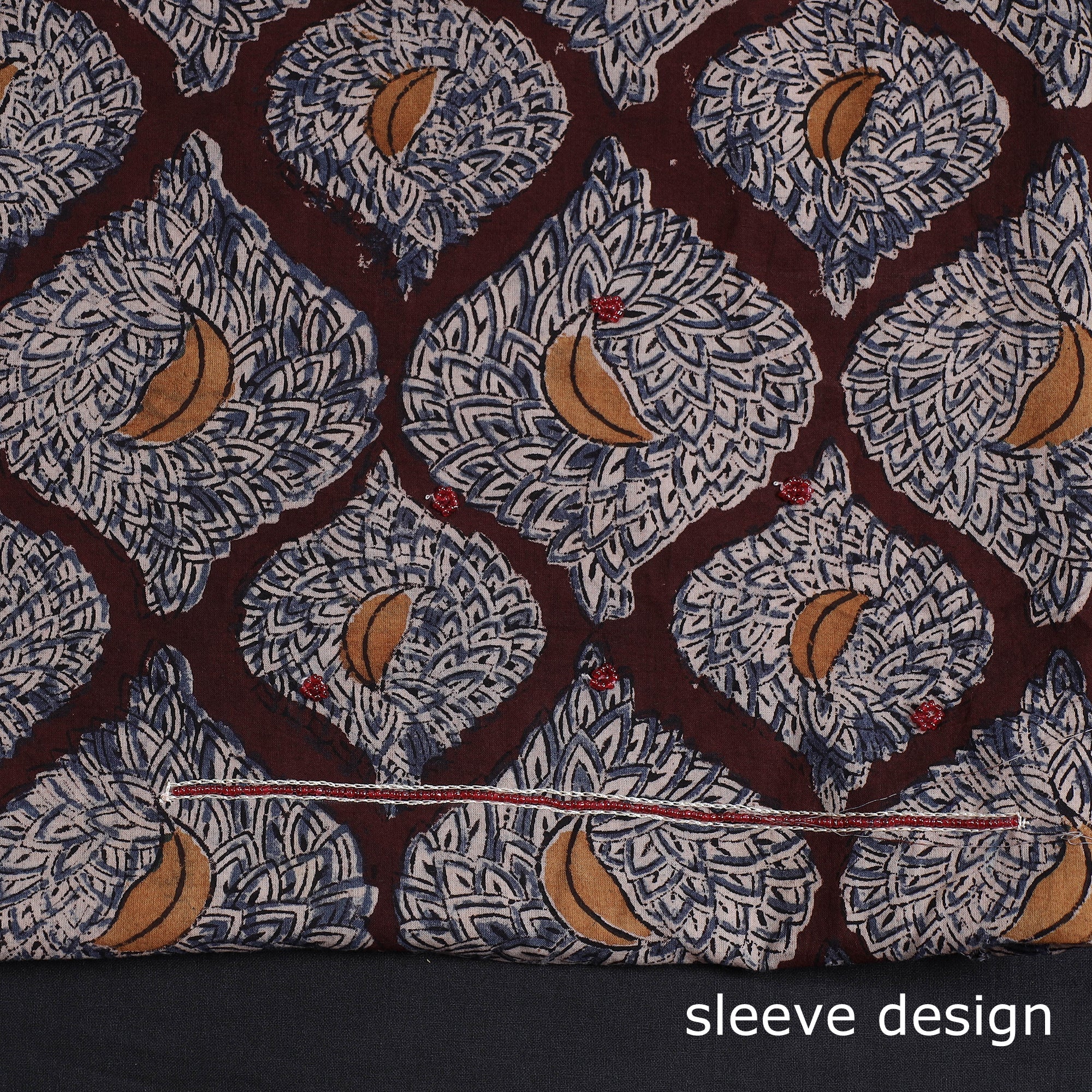 NOORI BAZAR Brown - Kalamkari Block Printed Kundan & Bead Work Hand Embroidery Cotton Kurta Material - 2.6 Meter - view 4