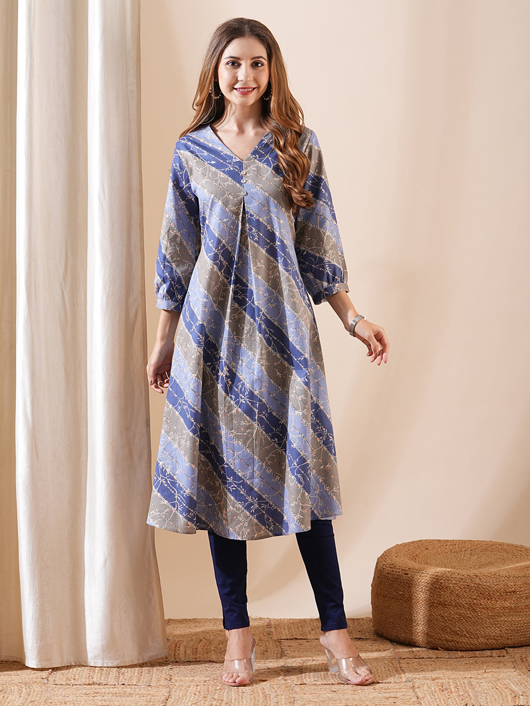 Fashor Ethnic Floral & Stripes Printed A-Line Kurta - Blue