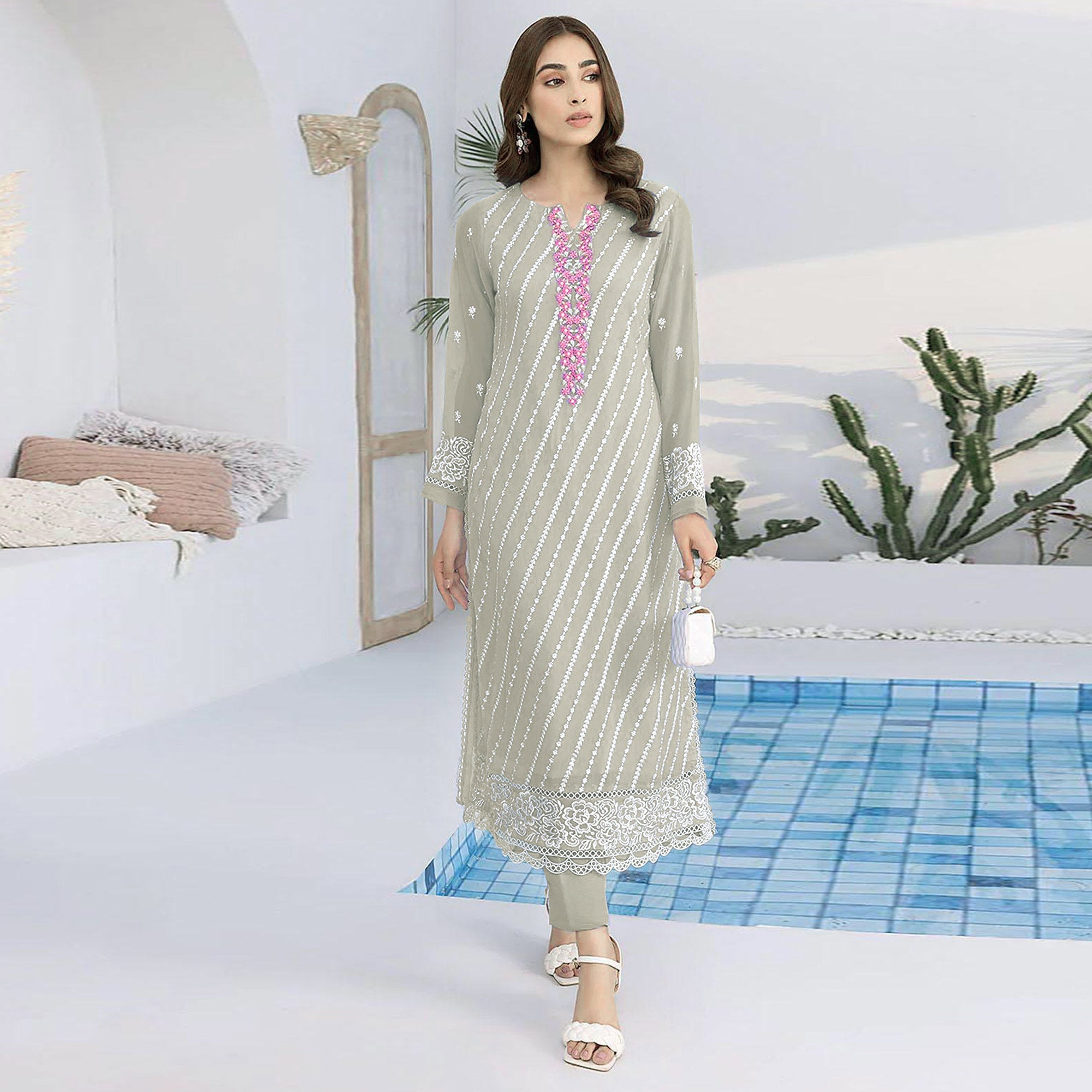 Peachmode Fog Green Floral Embroidered Georgette Semi Stitched Suit - view 2