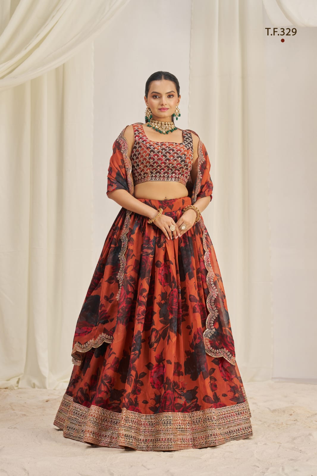 ClothsVilla Orange Printed Organza Semi-Stitch Lehenga Choli with Zari, Dori, and Sequins Work