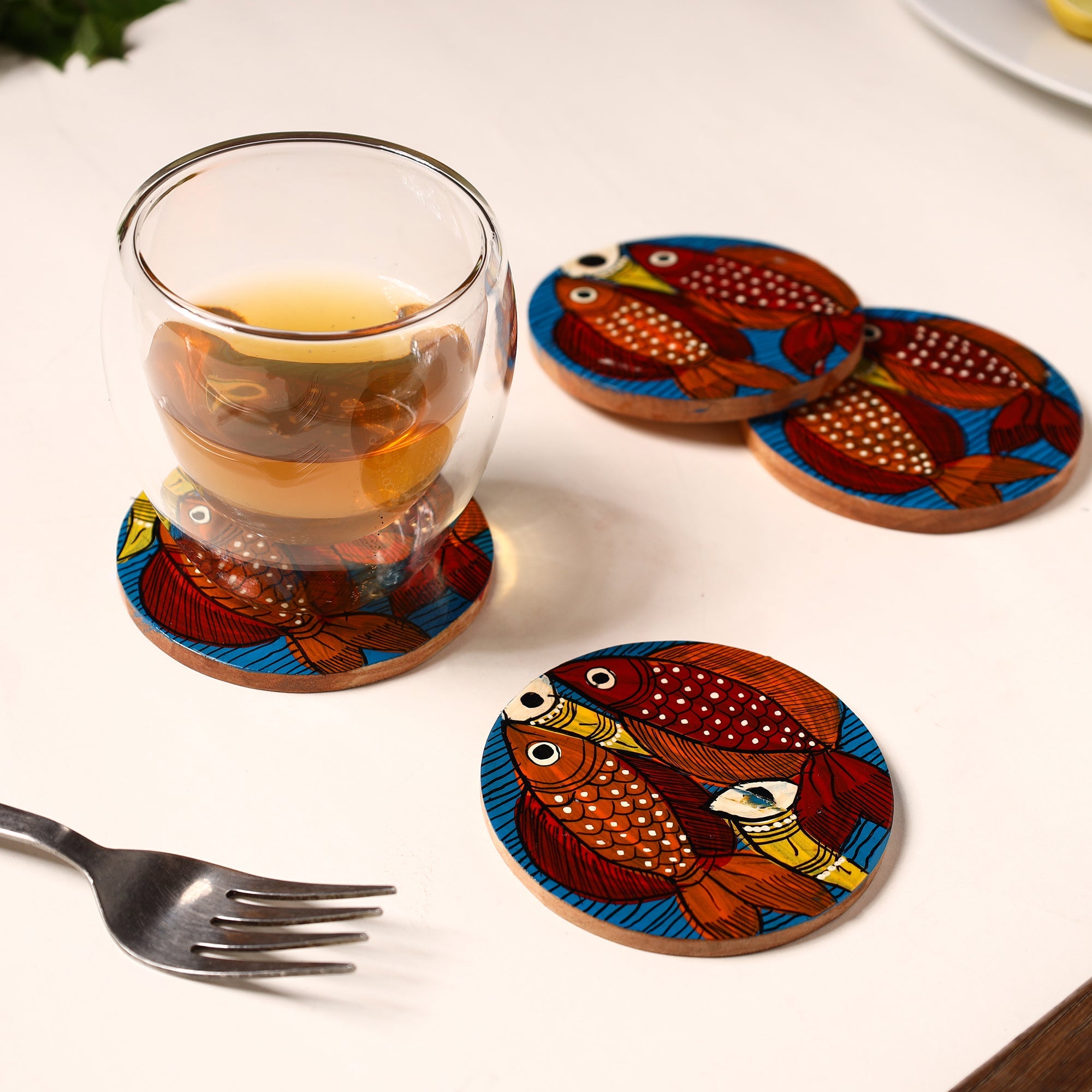 ITOKRI CRAFTS INITIATIVE Bengal Patua Handpainted Akashmoni Wooden Coasters (Set of 4) 46 - view 3