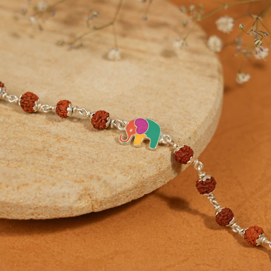 Prinjal Jewellers Rudraksha Silver Bracelet with Multicolor Elephant Single Line for Kids