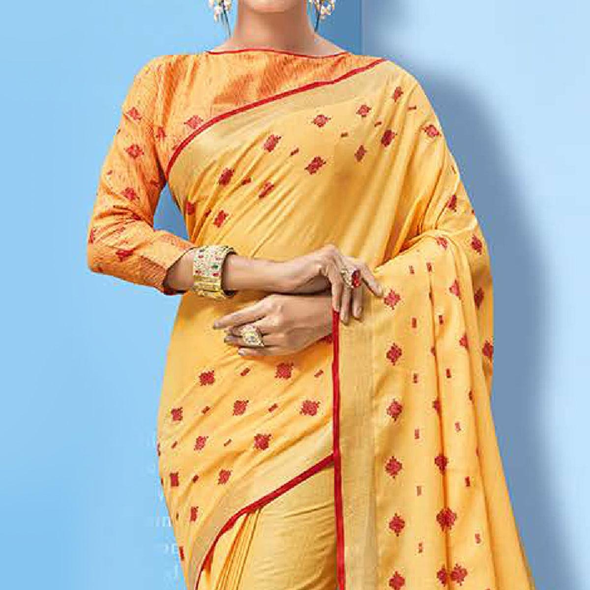Peachmode Lovely Mustard Yellow Colored Partywear Printed Linen Cotton Saree - view 2
