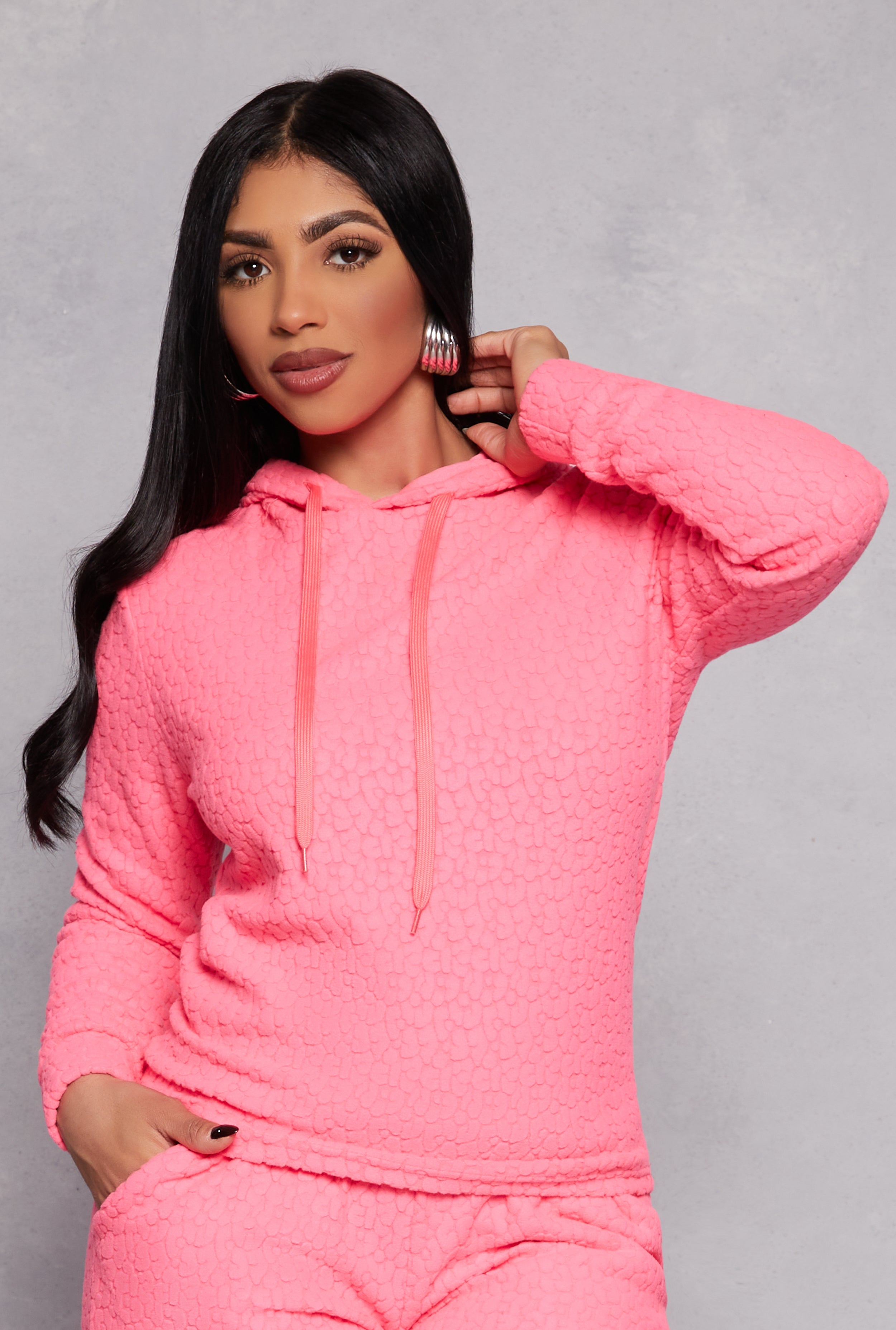 Rainbow Shops Leopard Textured Knit Hoodie – Women's