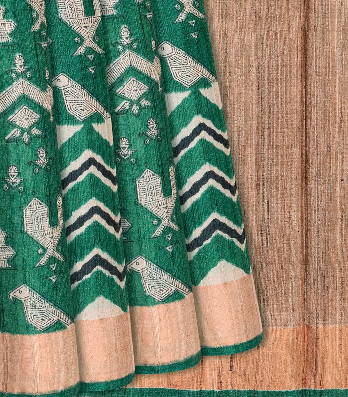 RmKV Sea Green Handloom Tussar Silk Saree With Printed Bird Motifs-Sea Green