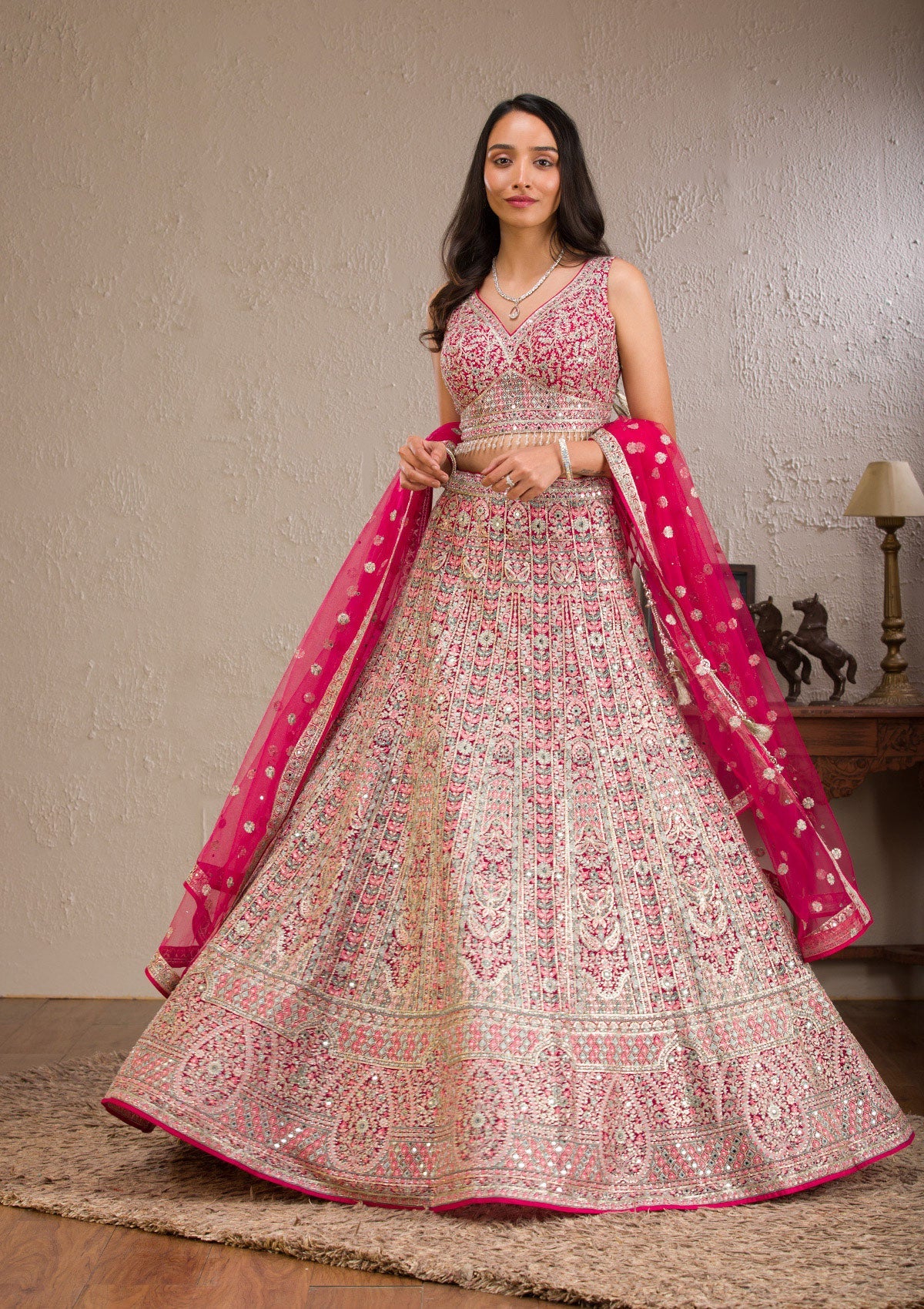 Koskii Rani Pink Zariwork Tissue Readymade Lehenga